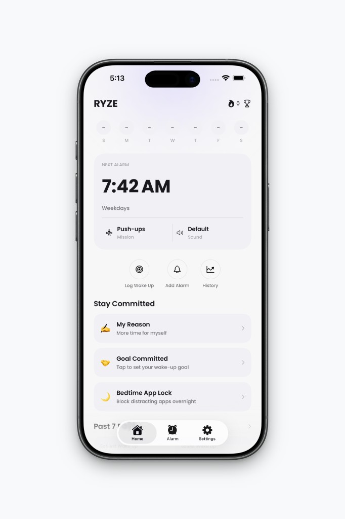 Ryze home screen with next alarm set